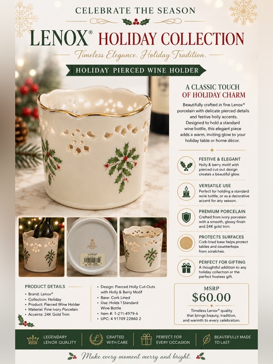 Lenox Other - Lenox Cream Holiday Pierced Candle /wine Holder with Green Holly and Red Berries